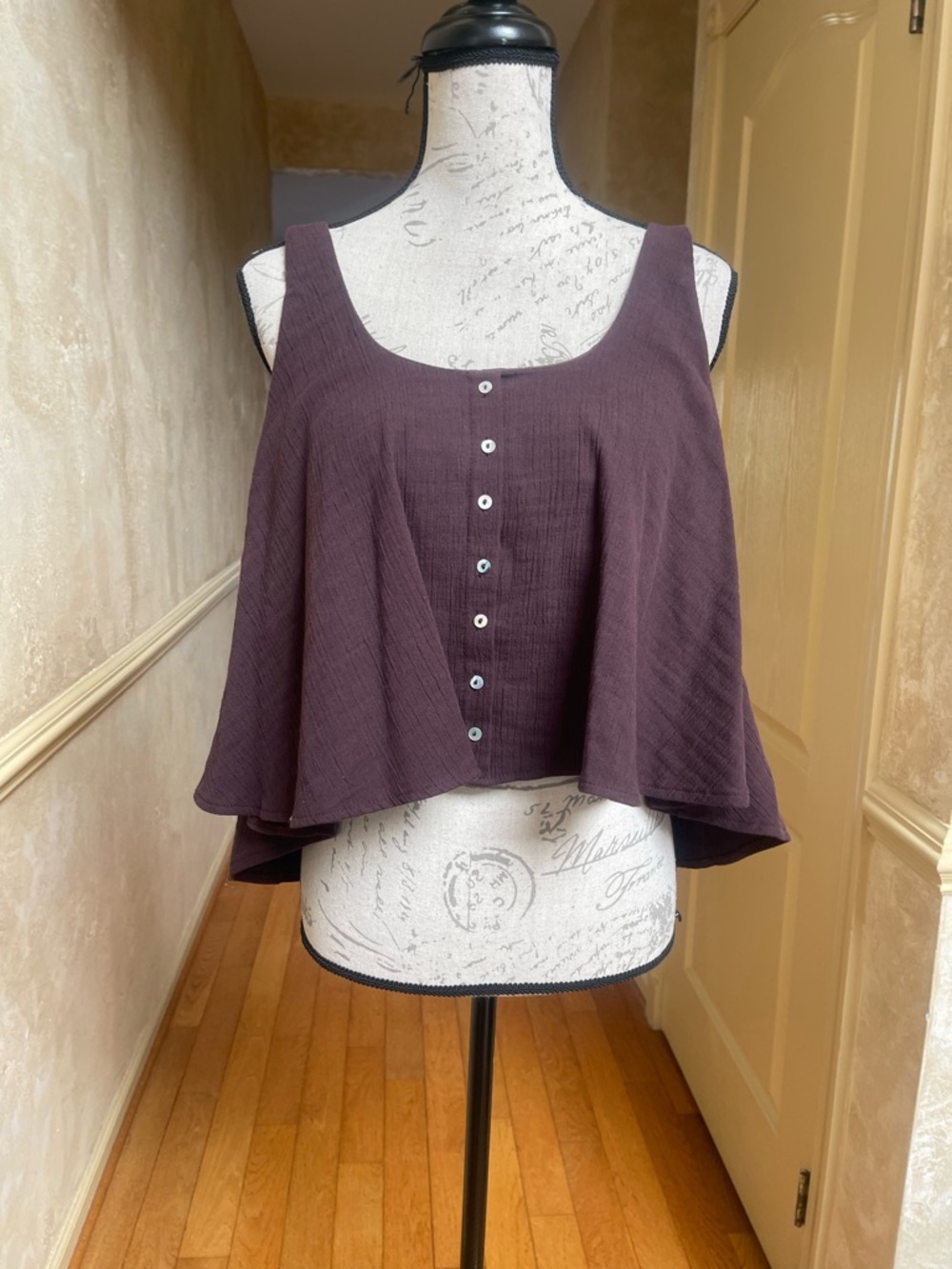 ZARA XXL Brown Textured Cotton Crop Tank Top Button Front Flowy Boho Cottagecore - Picture 2 of 8
